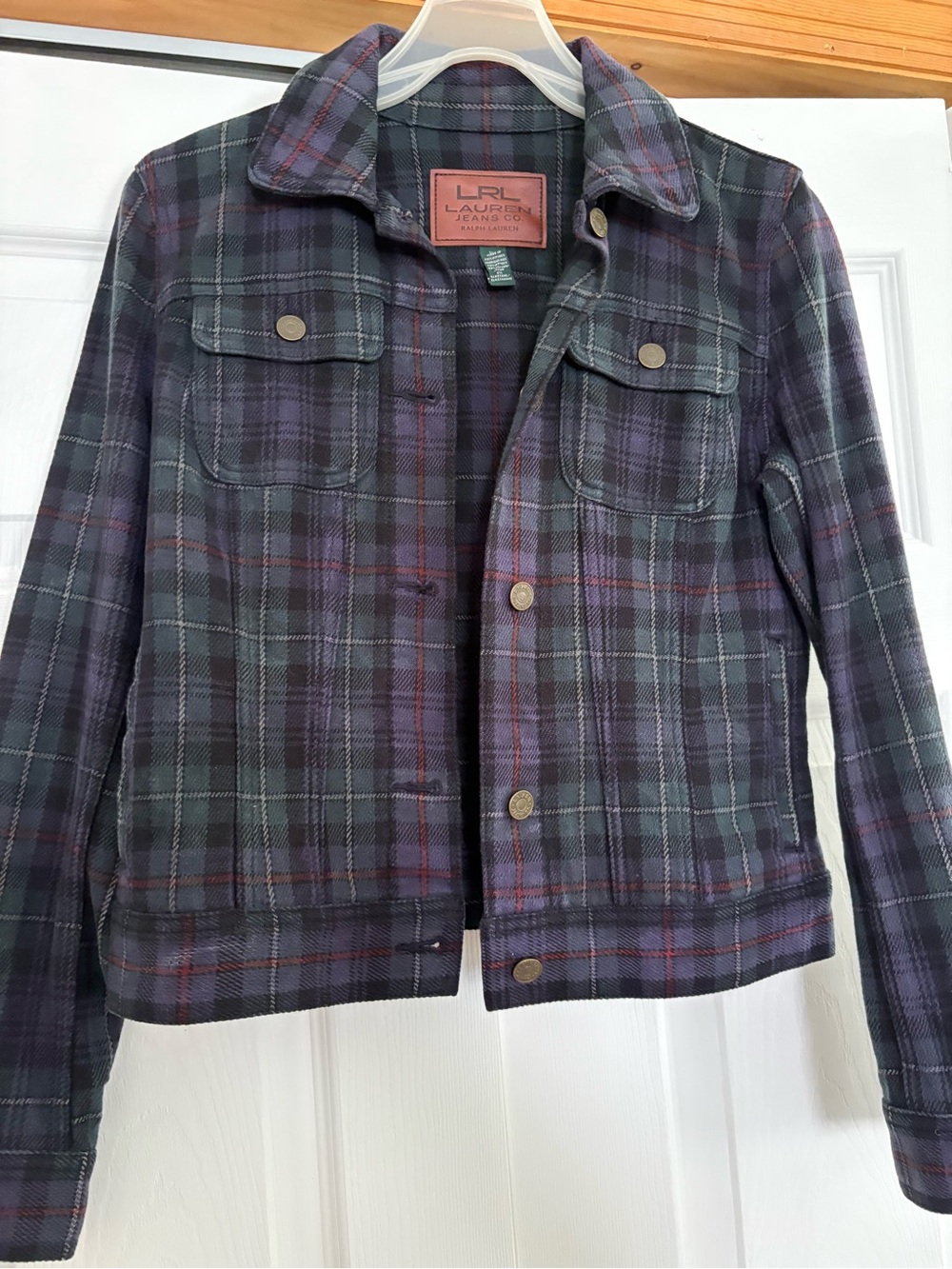 Lauren Ralph Lauren Plaid Button-Front Jean Jacket in Navy and Green